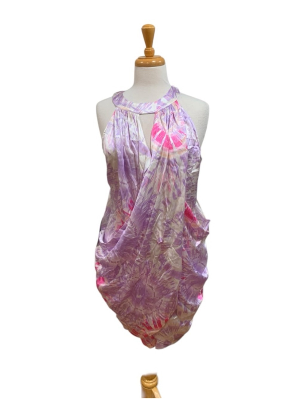 Women's NWT bebe Purple Pink Tie-Dye Halter Neck Silk Dress Size L